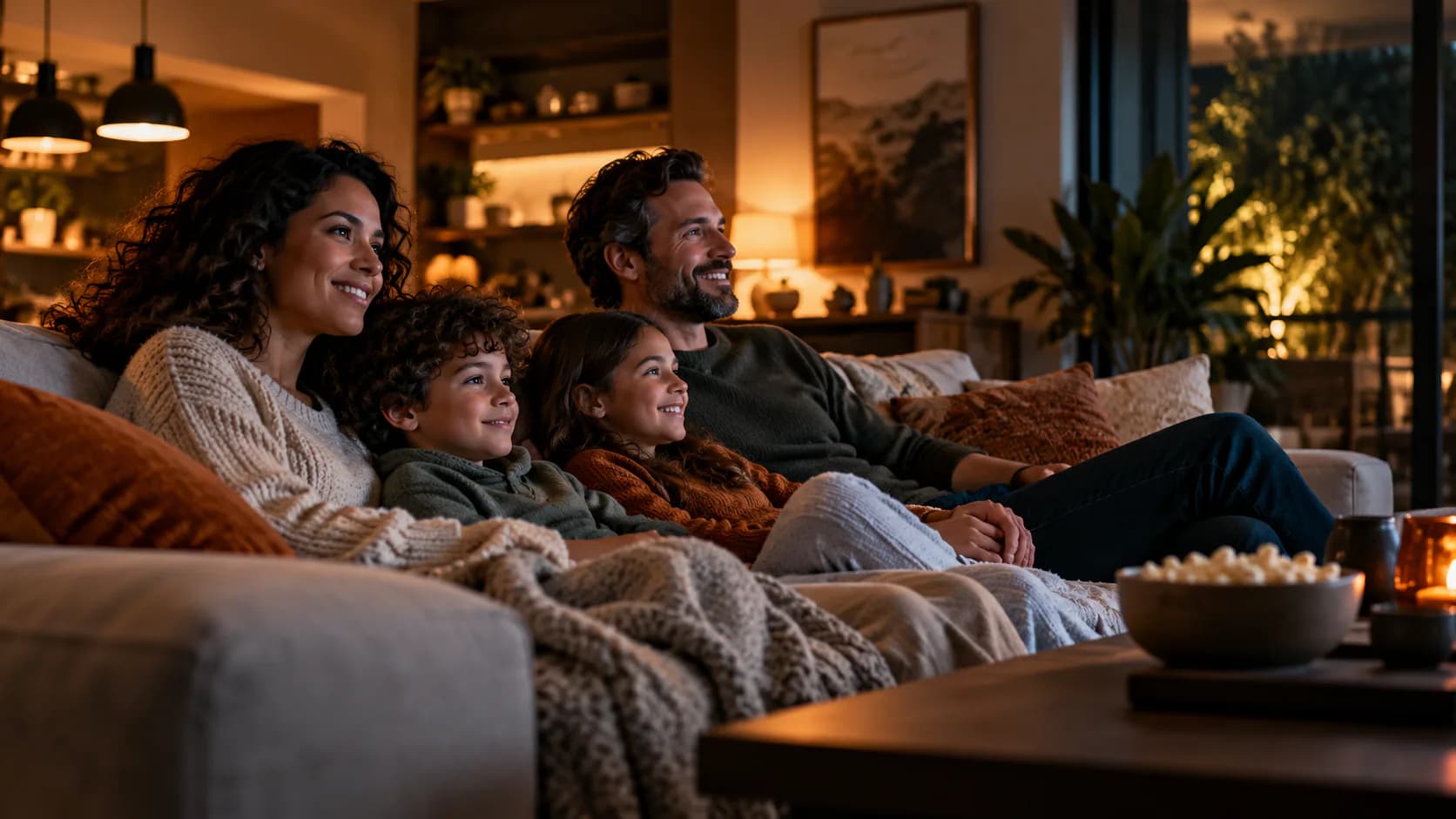 Family of four watching TV together on a sofa