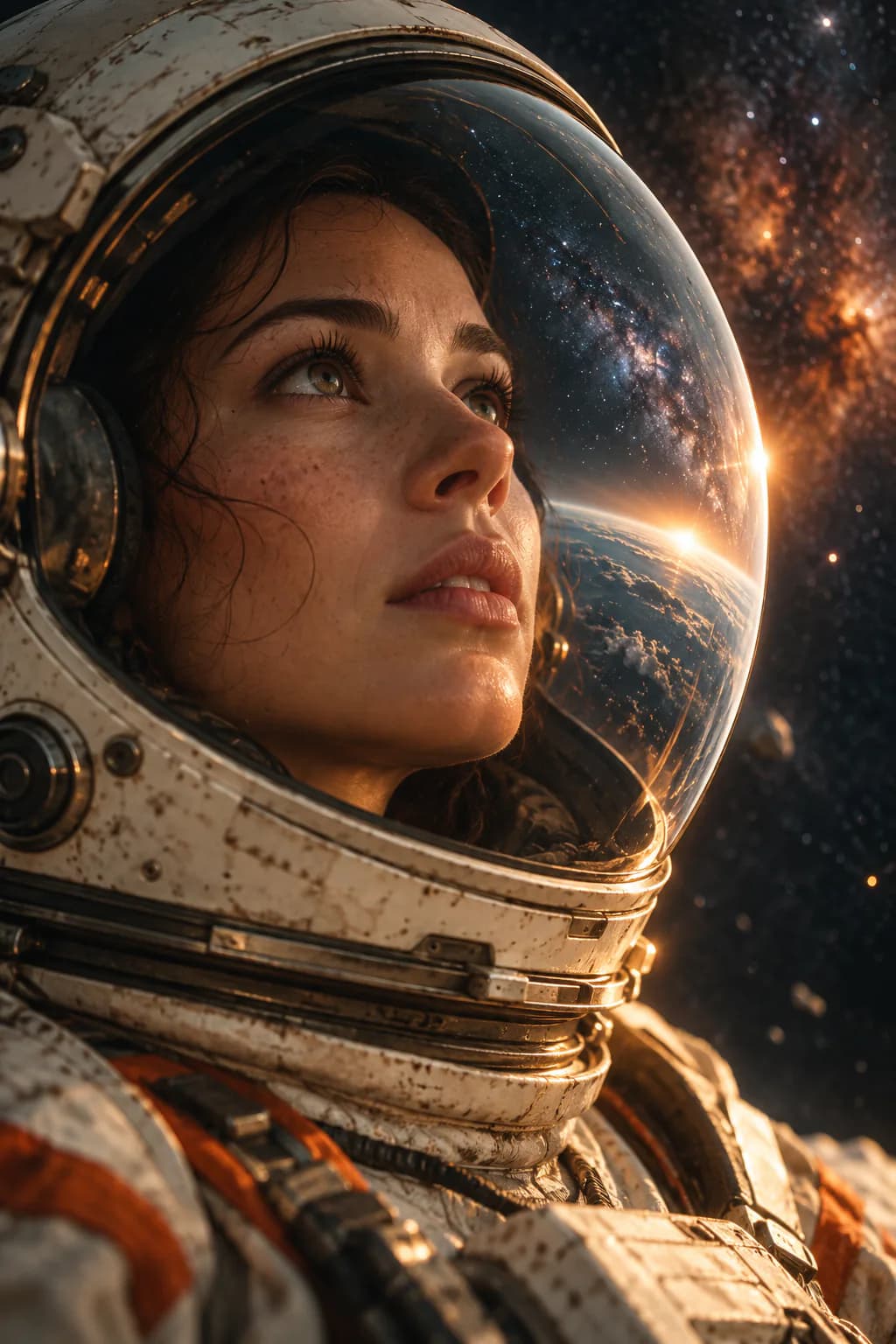 Close-up of an astronaut with stars reflected in the helmet visor