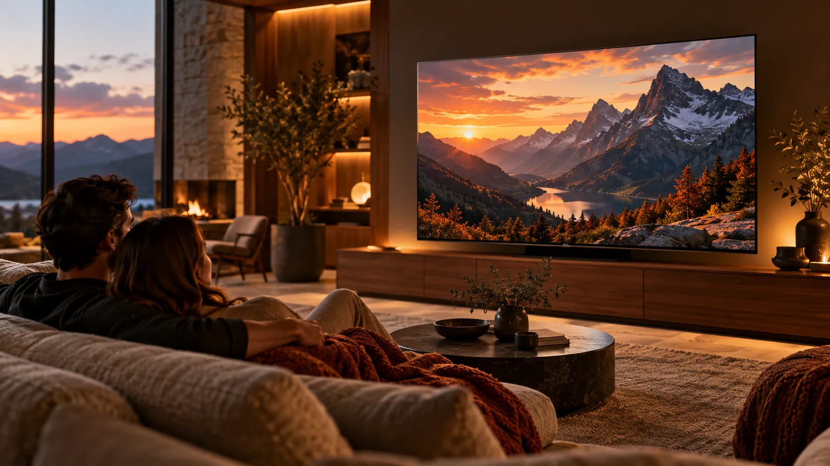 Slim smart TV showing a mountain landscape in a warm living room